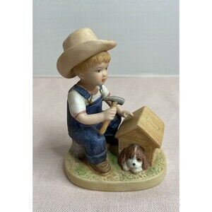 Homco Denim Days puppy love boy with puppy and doghouse 1985 figurine